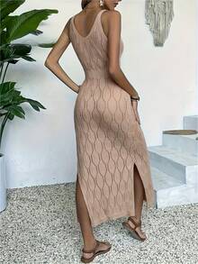 NZZOF Women's Hollow Knit Long Dress Cover-Up, Sleeveless Side Slit Dress, Suitable For Vacation Wear (Bikini Not Included) Beach Summer - Khaki - View 2