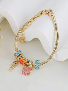 Dainty Ocean Charm Bracelet Set, Gold Adjustable Snake Chain, Rhinestone Turquoise Beads Seahorse Starfish Shell Charms Holiday Jewelry For Women - Yellow Gold - View 5