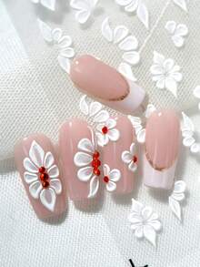 1pc Hand-Painted Petal Nail Stickers, Embossed 3D Line Flower Petal Elements, Summer Nail Stickers Suitable For Women, Girls Handmade DIY Nail Art, Can Replace Various Floral Nail Decorations - White - View 3