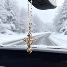 Rhinestone Hollow Cross Car Hanging Ornament Clear Crystal Bead Chain Rearview Mirror Pendant Golden Religious Cross Suncatcher Auto Interior Decor Gift - Carved Cross Car Pendant - View 4