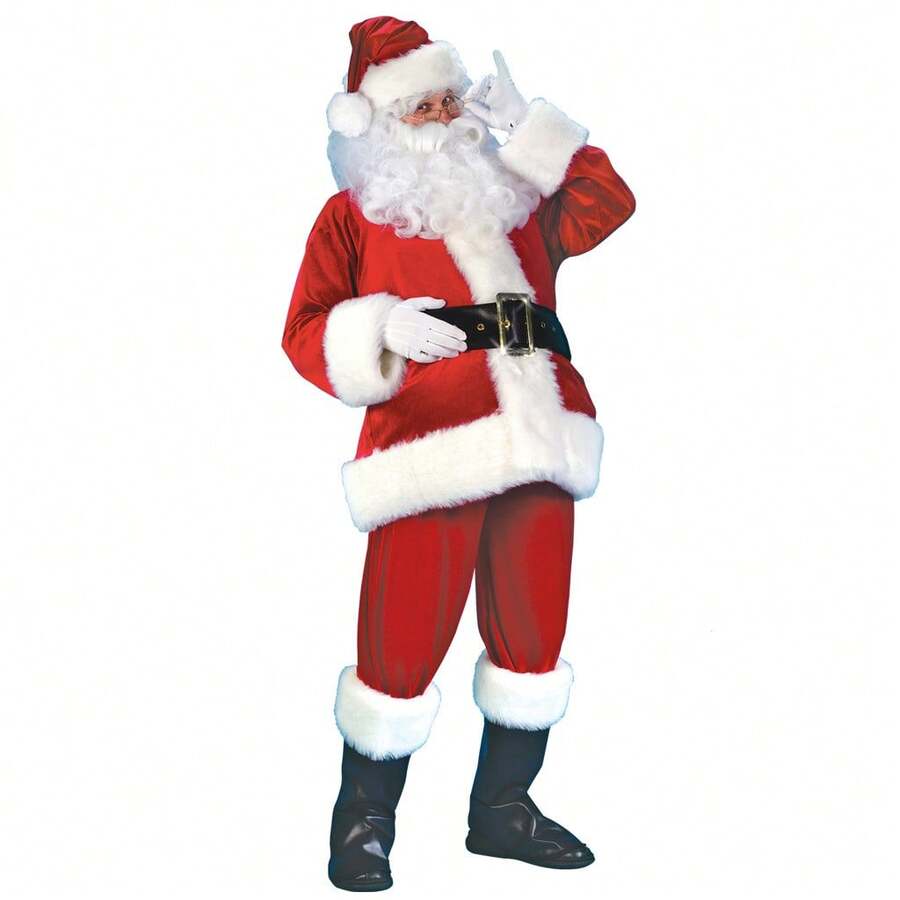 Disfraces de actuación navideños para personas mayores, disfraces de cosplay de terciopelo dorado para Navidad, suministro al por mayor. - Conjunto rojo de 7 piezas: top + pantalón + sombrero + cinturón + botas + guantes - Ver 1