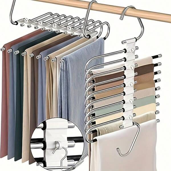 1pc Space-Saving 9-Tier Metal Pants Rack, Non-Slip Stainless Steel S-Shaped Closet Storage Hanger With Hooks, Suitable For Leggings And Long Pants, Closet Accessories | Sturdy Clothing Hanging | Durable Metal Hanger