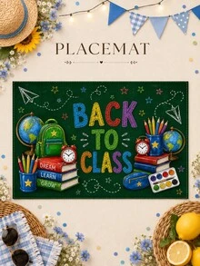 1 pieza - Juego de camino de mesa y manteles individuales de vuelta a la escuela, decoración de mesa de lino verde con mochila, libros, globo terráqueo, despertador y estilo de pizarra para fiesta de aula y comedor del hogar - Multicolor - Ver 12