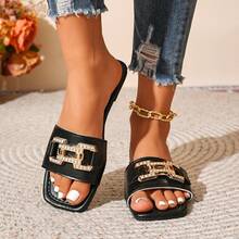 1 Pair Preppy College Style Beach Party PU Leather Pure Metal Flat Slip-On Sandals, Summer Vacation - Black - View 4