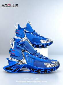 AoPlus Athletic Running Shoes, Mesh Knit Design, Royal Blue With White Pattern, Geometric Sole - Royal Blue - View 3