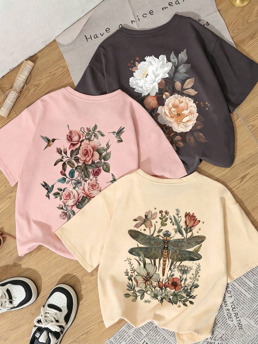 3pcs-Women's New Minimalist Pattern Casual Vacation Style Loose Versatile Round Neck Short Sleeve T-Shirt, Fashionable Daily Top. Summer - Multicolor - View 1