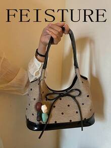 FEISTURE 1件波點時尚女款手提包，通勤單肩托特包，適合日常出遊、約會、通勤，附贈吊飾 - 卡其色 - 查看 8