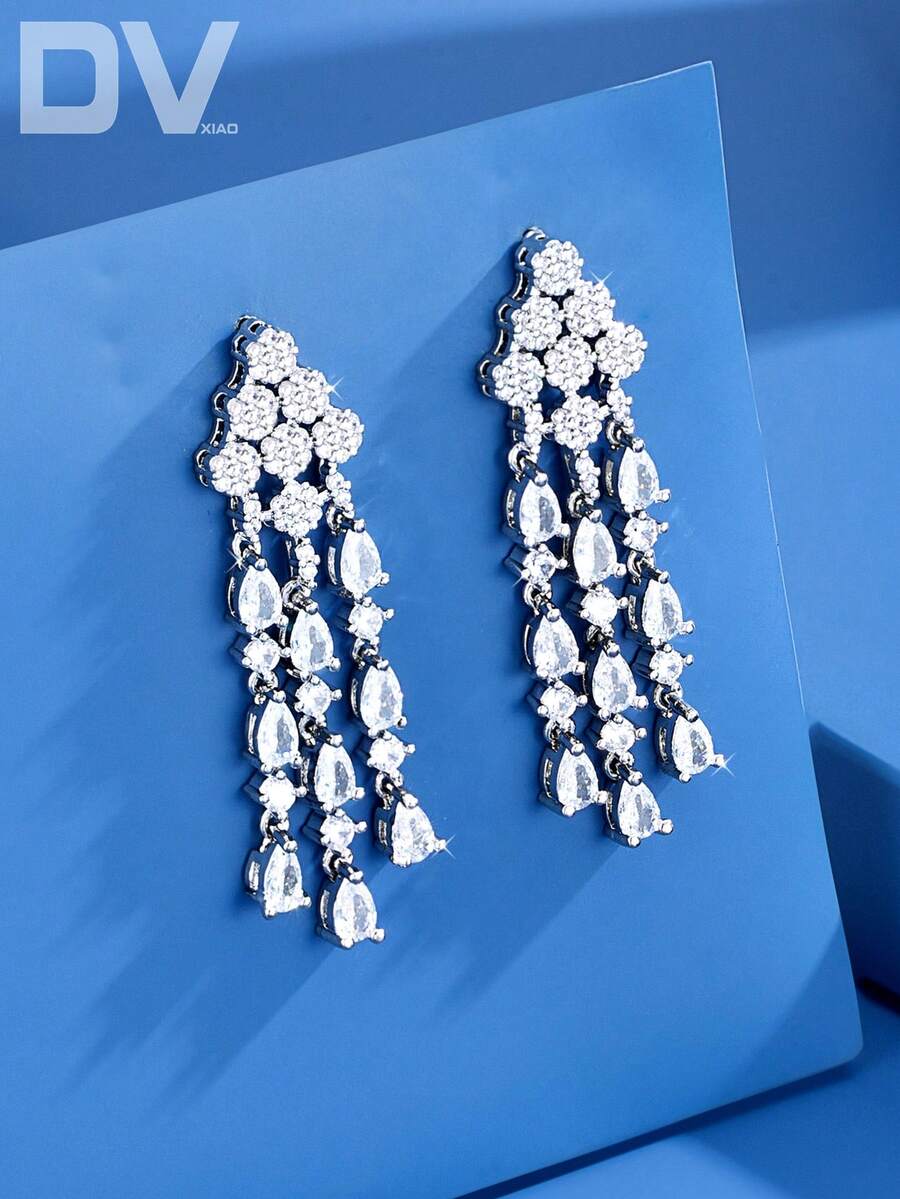 DV JEWELRY 1 pereche de cercei tip pandant luxoși cu zirconiu cubic, placări aur alb, bijuterii elegante pentru femei, potriviți pentru întâlnire, nuntă, petrecere, aniversare, cu ambalare în cutie cadou - Argint - Vizualizare 1
