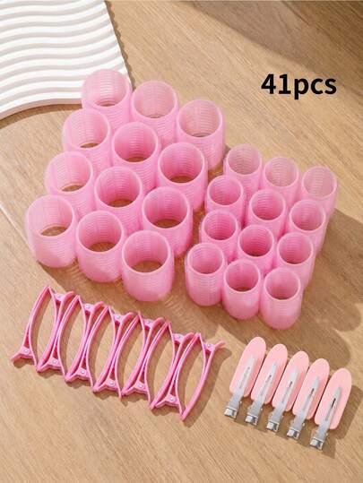 41pcs/Set Pink All-In-One Heatless Curling Rod Set, No Heat Required, No Curling Iron Needed, Quickly Create Bouncy Long-Lasting Curls. Set Includes Multiple Sizes Of Curling Rods, Can Create All Styles From Tight Curls To Voluminous Waves.
