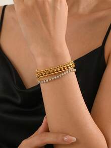 ZIRUISP Cuban Style Layered Women's Bracelet, Rhinestone Tennis Bracelet, Adjustable Stainless Steel Chain Bracelet, Fashion Jewelry Gift, Suitable For Daily Wear - Diamond-encrusted Cuban Three-layer Bracelet - View 6
