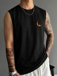 Men's Summer Fashion Versatile Minimalist Moon Print Crew Neck Tank Top - Black - View 2