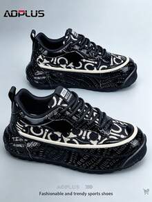 AoPlus Men's Classic Black Comfortable Sports Sneakers, Stylish Outdoor Lace-Up Leather - Spliced Thick - Soled Street - Style Casual Shoes - 黑色 - 查看 2