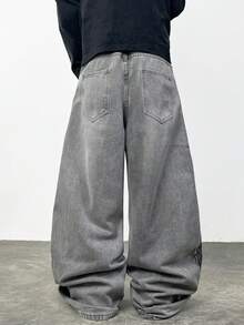 Justice Brother 1pc American Streetwear Personalized Embroidered Men's Denim Jeans Casual All-Season Loose Wide Leg Long Pants (Belt/Accessories Not Included) - Grey - View 9