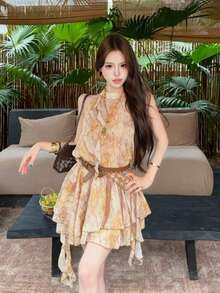 Women Short Dresses - Yellow With Belt (sleeveless) - View 1