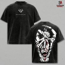 Camiseta  con Efecto Lavado – Camiseta de Anime Manga  con Efecto Lavado, Camiseta Gráfica Vintage con Diseño del Rey de las Maldiciones, Camiseta Unisex de Estilo - Negro - Ver 1