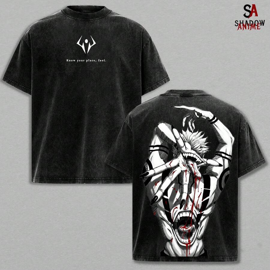 Camiseta con Efecto Lavado – Camiseta de Anime Manga con Efecto Lavado, Camiseta Gráfica Vintage con Diseño del Rey de las Maldiciones, Camiseta Unisex de Estilo - Negro - Ver 1