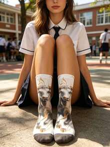 1 Pair Artistic Taurus 360° Print Mid-Calf Socks, Personalized Graffiti Pattern Street Style Socks - Multicolor - View 4