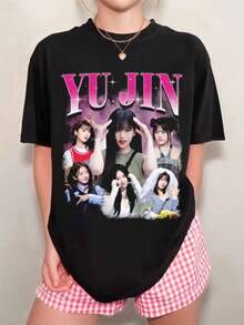 Black Yujin T-Shirt With Collage Portraits And Glossy Pink And Purple Lettering, Unisex - Black - View 1