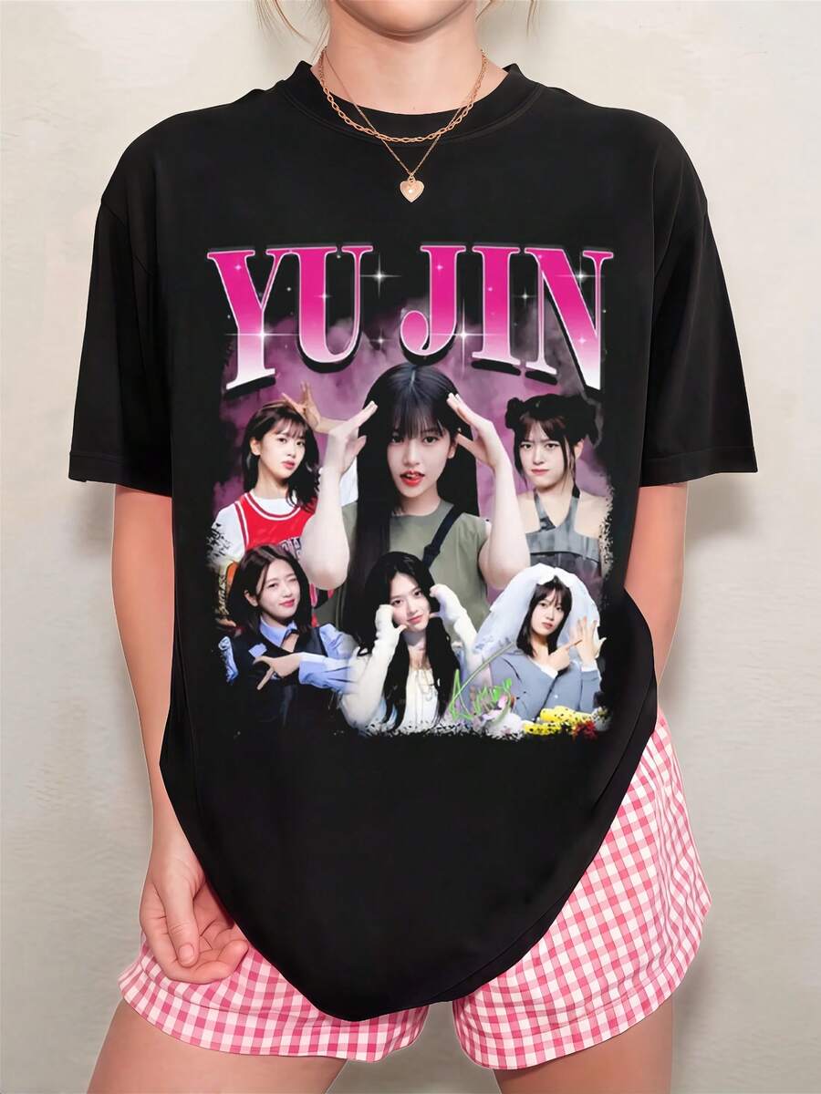 Black Yujin T-Shirt With Collage Portraits And Glossy Pink And Purple Lettering, Unisex - Black - View 1