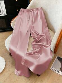 1 pieza Pantalones con cintura de cordón de tela tejida de unicolor, adecuados para vacaciones, regreso a la escuela, fiestas, aeropuerto, escenario y conciertos, otoño/invierno con acabado - Rosa Pálido - Ver 1