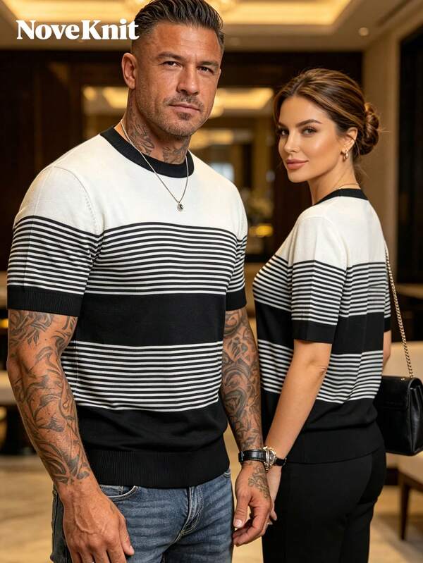 Nove Knit Men's Striped Knit Sweater Tee Crew Neck Short Sleeve Casual Minimalist Summer Top