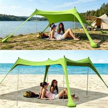 Green Family Beach Sun Shelter Tent With Support Stability Poles, Outdoor Sun Protection Canopy, Portable Shade Pavilion, Suitable For Beach Camping Picnic Backyard Party Garden Use - 1pc - View 2