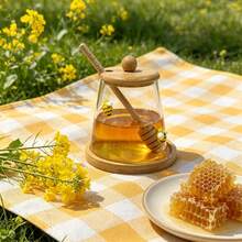 Multi-Purpose Bee Glass Honey Jar With Honey Stirrer, Bamboo Lid And Wooden Base, Transparent Glass Container, Suitable For Honey, Coffee Beans, Tea Leaves And Floral Arrangements - Multicolor - View 2