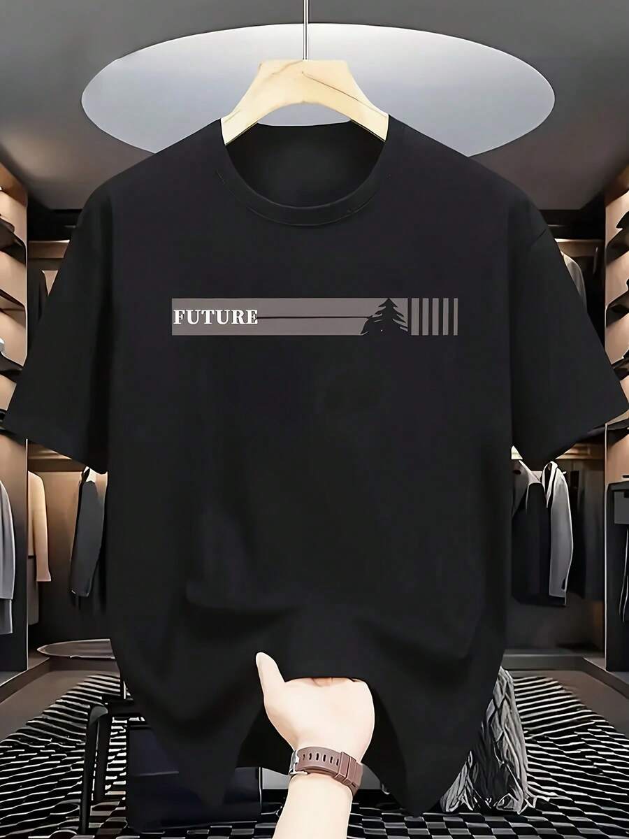 Men's Wrinkle-Resistant And Breathable T-Shirt With Simple Print | Crew Neck, Short Sleeves | Summer - Black - View 1