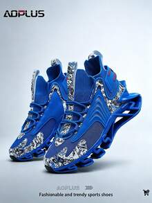 AoPlus Athletic Running Shoes, Mesh Knit Design, Royal Blue With White Pattern, Geometric Sole - Royal Blue - View 6