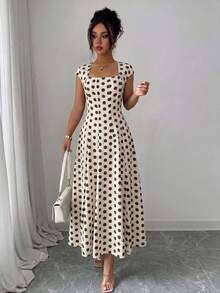 Vestido Midi Verde Oliva para Mujer , Cuello Cuadrado, Cintura Ajustada, Corte en A, Manga Corta, para Verano, Fiesta de Té, Trabajo, Playa, Vacaciones, Festival de Música, Cerveza - Albaricoque 2 - Ver 1