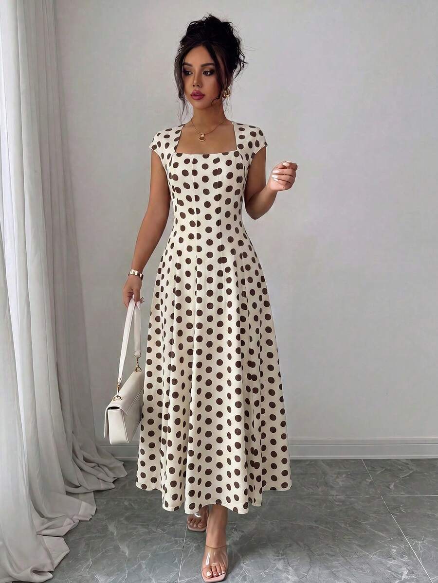 Vestido Midi Verde Oliva para Mujer , Cuello Cuadrado, Cintura Ajustada, Corte en A, Manga Corta, para Verano, Fiesta de Té, Trabajo, Playa, Vacaciones, Festival de Música, Cerveza - Albaricoque 2 - Ver 1