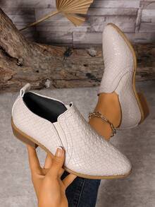 Women's Solid Color Pointed Toe British Style Chunky Heel Ankle Boots Slip-On Elastic Band Low Heel Casual Shoes - Milky - View 2