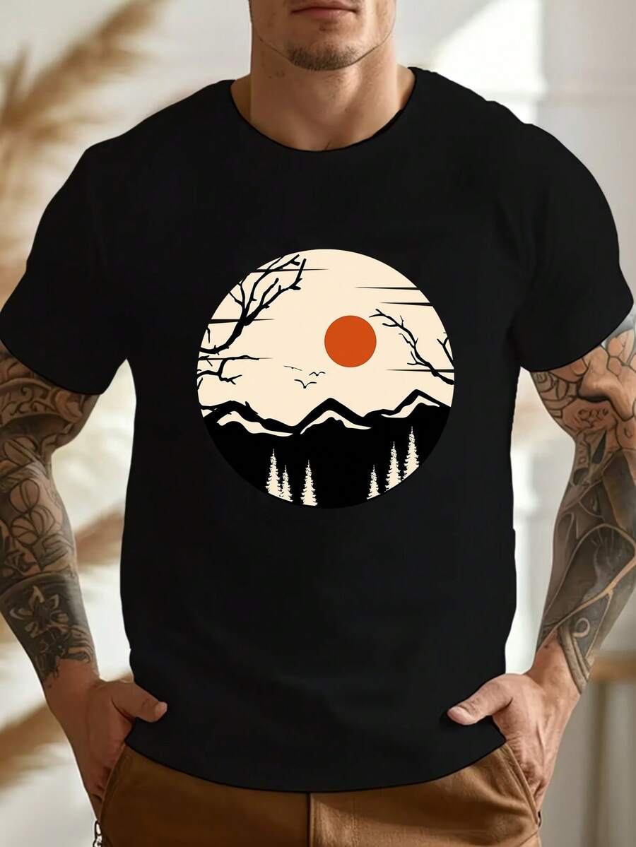 Camiseta de manga corta de algodón puro para hombre con estampado gráfico de paisaje vintage, sol, montaña y árbol, cuello redondo, moda casual de verano, ajuste relajado - Negro - View 1