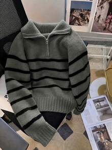New Arrival Women Casual Striped Contrast Color Lapel Long Sleeve Knit Sweater - Grey - View 1