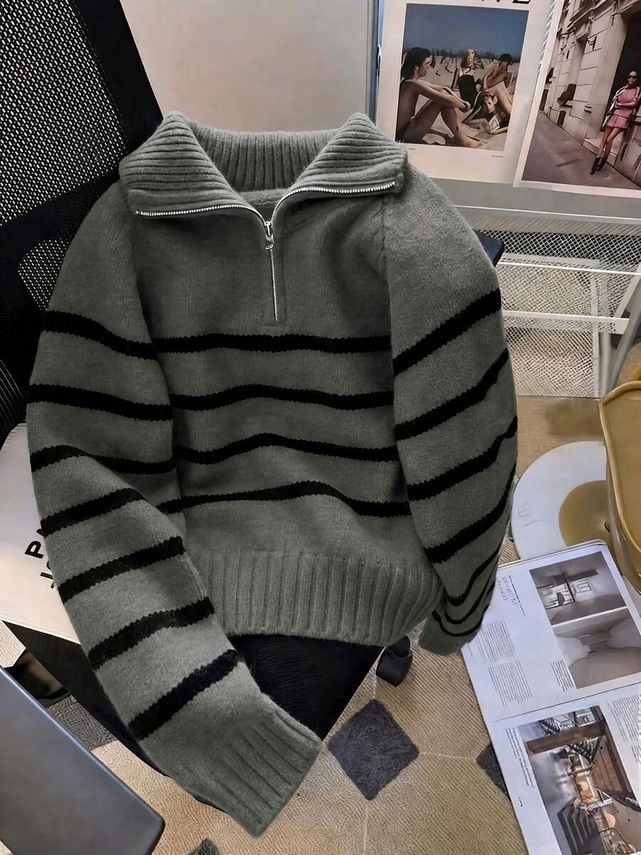 New Arrival Women Casual Striped Contrast Color Lapel Long Sleeve Knit Sweater - Grey - View 1