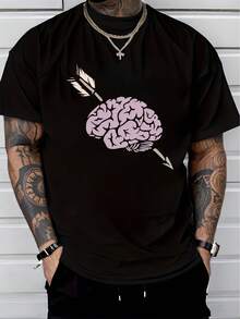 Men's Pure Cotton Short Sleeve T-Shirt Casual Summer Graphic Print Brain Arrow Design Loose Fit Tee - Black - View 6