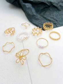 10pcs Set, Women's Fashion Jewelry Ring Set, Mini Fashion Hollow Flower Faux Pearl Wave Leaf Vine Combination Ring Set, Creative Design, Made Of Alloy Material, Suitable For All Seasons, Women's Gift, Suitable For Party, Valentine's Day, Mother's Day And Other Gifts, Also Suitable For Daily Wear, Dating, Vacation, - Multicolor - View 5