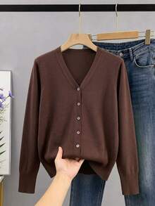 GIGOGOU Women's Casual Solid Color Knit Cardigan, Spring/Autumn - Coffee - View 9