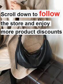 1pc Solid Color PU Shoulder Bag, Large Capacity Crescent Moon Design Women's Bag, Suitable For Adult Women Fashion Outfits And Outing - Black - View 2