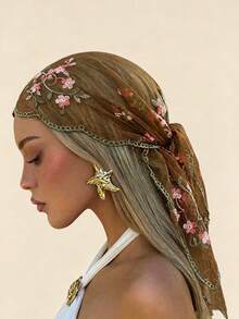 1PC New Embroidered Floral Print Gauze Headscarf, Simple Summer Sun Protection Scarf, Lightweight Casual, Versatile Square Headwrap, Suitable For All Seasons, Essential Accessory For Travel And Vacation - Multicolor - View 2