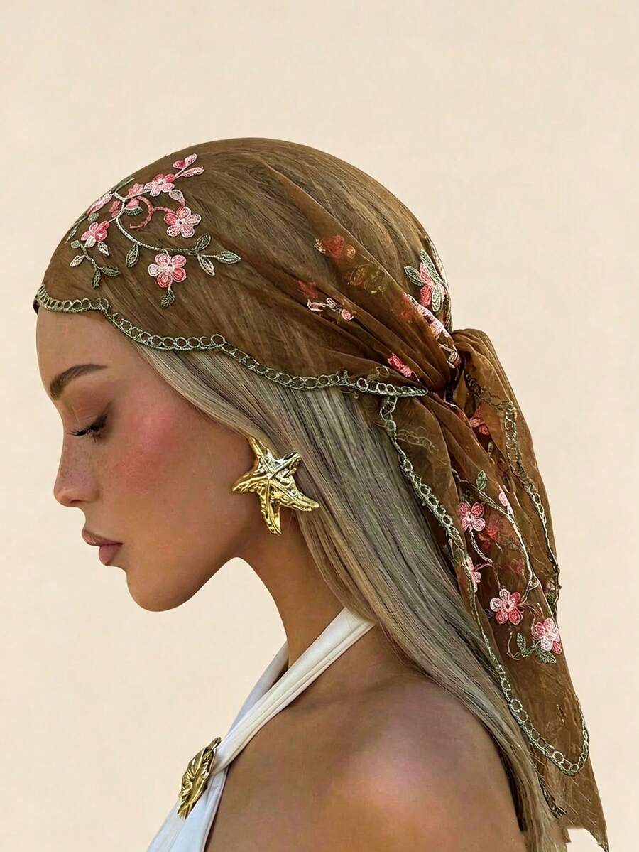 1PC New Embroidered Floral Print Gauze Headscarf, Simple Summer Sun Protection Scarf, Lightweight Casual, Versatile Square Headwrap, Suitable For All Seasons, Essential Accessory For Travel And Vacation