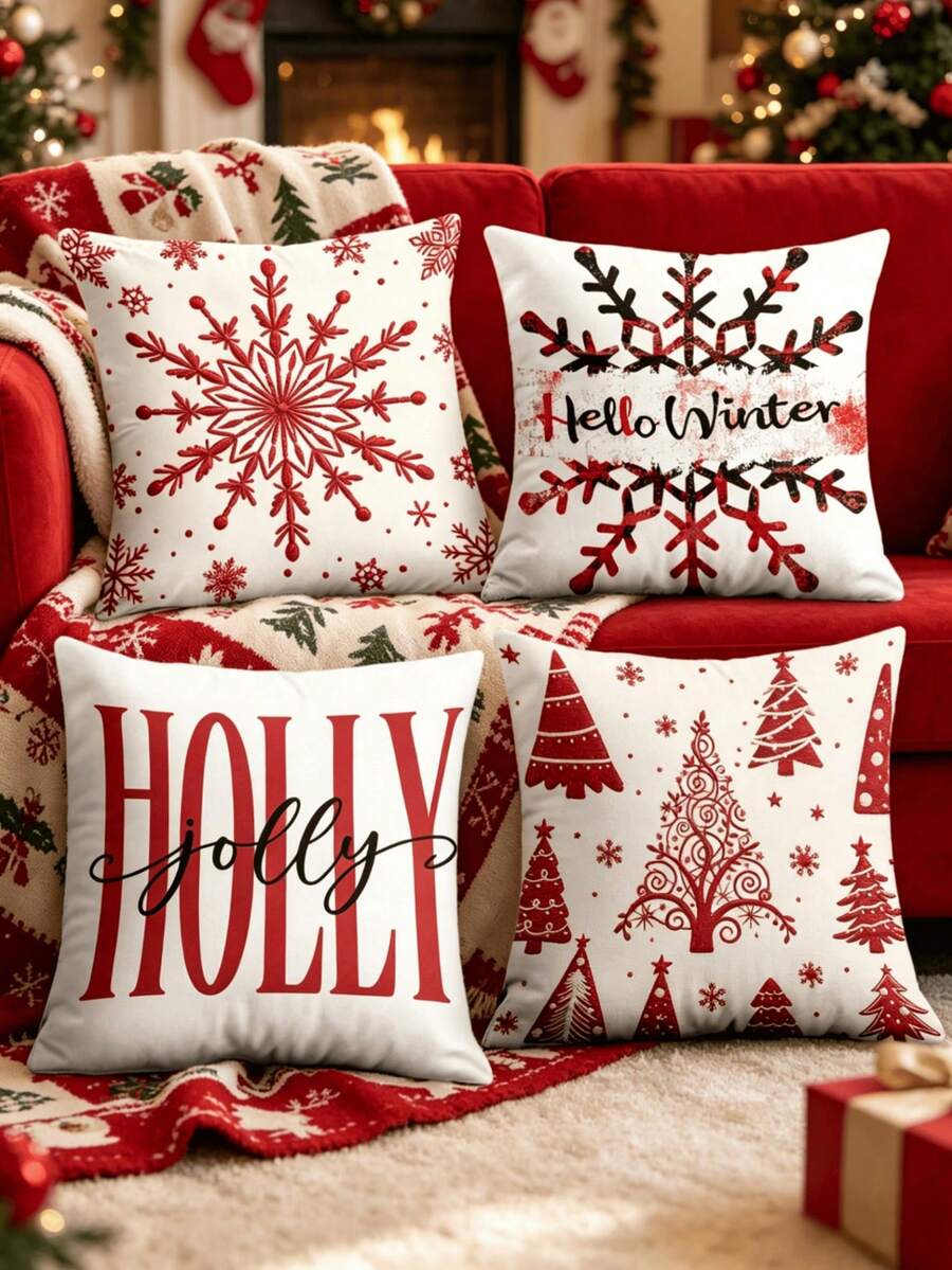 1/4pcs New Christmas Pattern Pillowcase, Christmas-Themed Throw Pillow Cover, Decorative Pillow Cover, Square Pillowcase, Christmas Decoration, Suitable For Living Room, Sofa, And Bedroom Party Decor, Pillow Insert Not Included 18x18 Inches - Multicolor - View 1