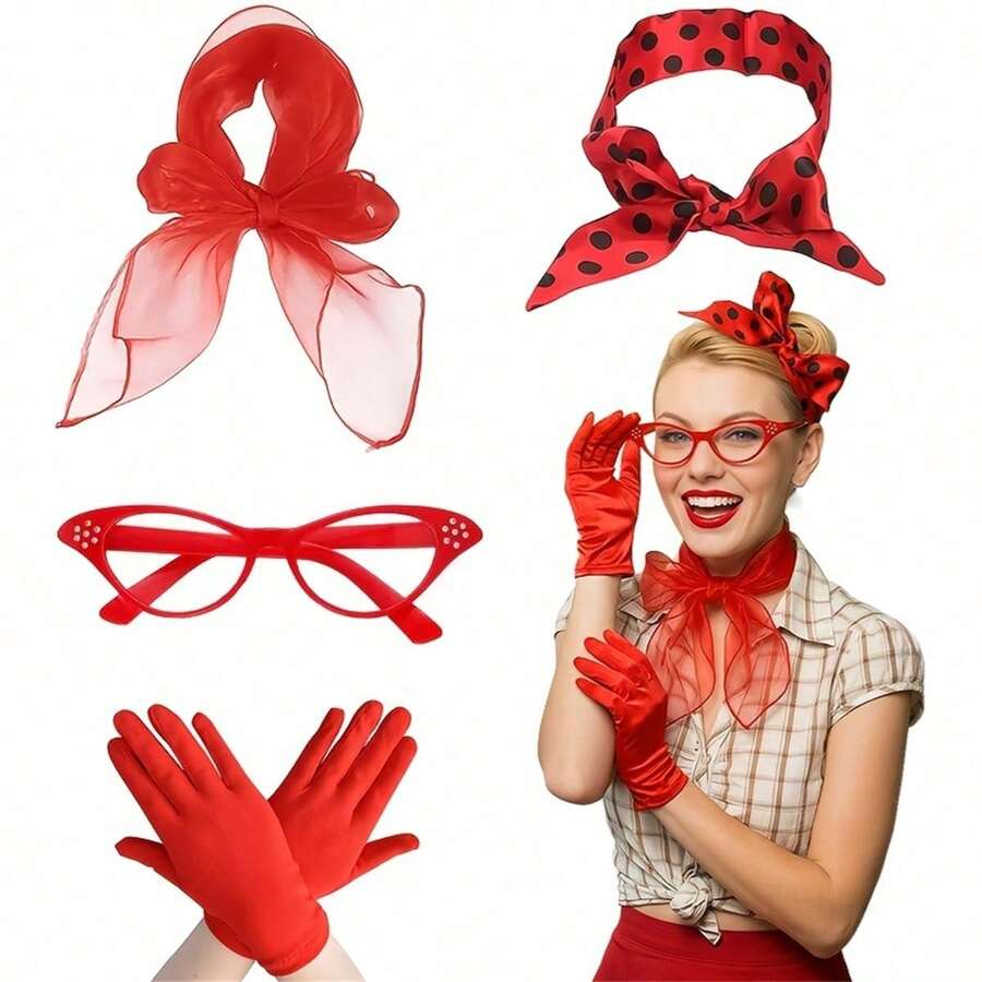 Set de 5 piezas de disfraz retro pop de los años 40-50, diadema con lunares rojos, gafas de ojo de gato, guantes de satén, atuendo estilo rock, adecuado para juego de roles de mujeres, fiesta de Halloween, fiesta temática de los años 40-50, mascarada, uso diario y reunión temática - Multicolor - Ver 1