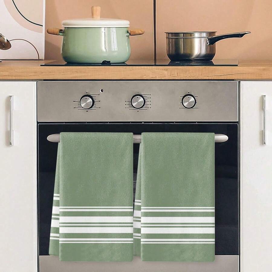 2pcs White & Green Striped Kitchen Towels, Soft Absorbent Household Kitchen Cleaning Cloth, Machine Washable, Reusable, Housewarming Home Decor Gift, Kitchen Accessories