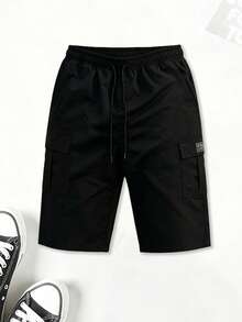 Drawstring Elastic Waist Big Pocket Mid-Length Cargo Shorts, Suitable For Daily Wear And Sports, Black - Black - View 2