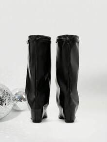 2025 Women's Foldable Knee-High Boots, Pointed Toe High Heel Shark Knee Boots, Fashion Mid-Calf Boots With Cool Side Zipper - Black - View 5