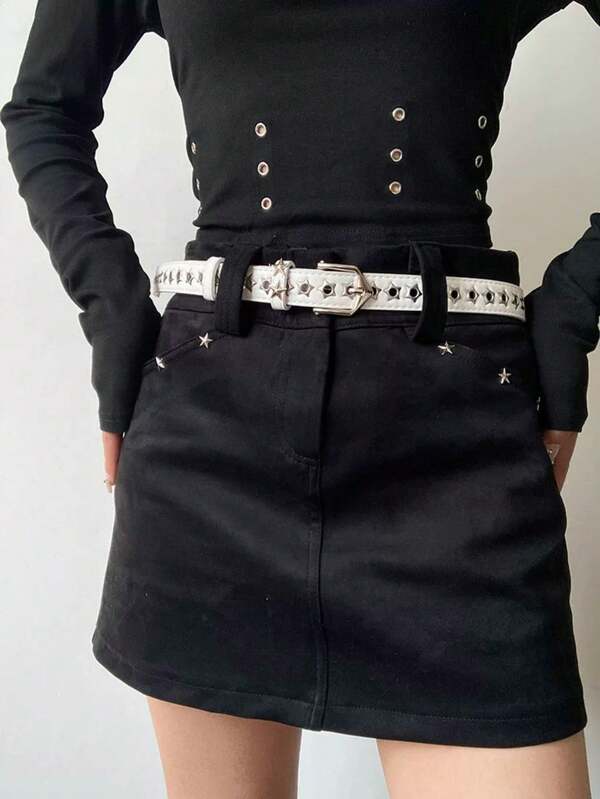 1pc American Hollow Five-Point Star Belt, Versatile For Jeans, Punk High Street Style, No-Punch Rivet Belt For Women And Men