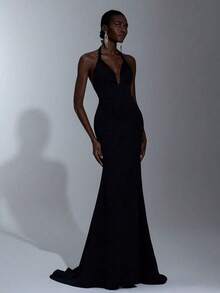 Elitara Estilo minimalista, con hebilla de metal negro, tirantes halter, escote en V, sexy, espalda pronunciada, falda plisada de cola de pez con baj - Negro - Ver 5