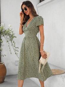 XUZHIZ Reflora Vestido midi con estampado floral diminuto, de manga corta, cuello en V y cintura ceñida, con bolsillos, para uso casual diario, talla - Multicolor - Ver 4