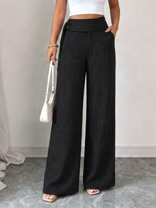 SwallowLucky Women's Fashion Deep Blue Fine Striped Wide Leg Pants, Drape Fabric, High Waist Metal Button Detail Black - Black - View 3